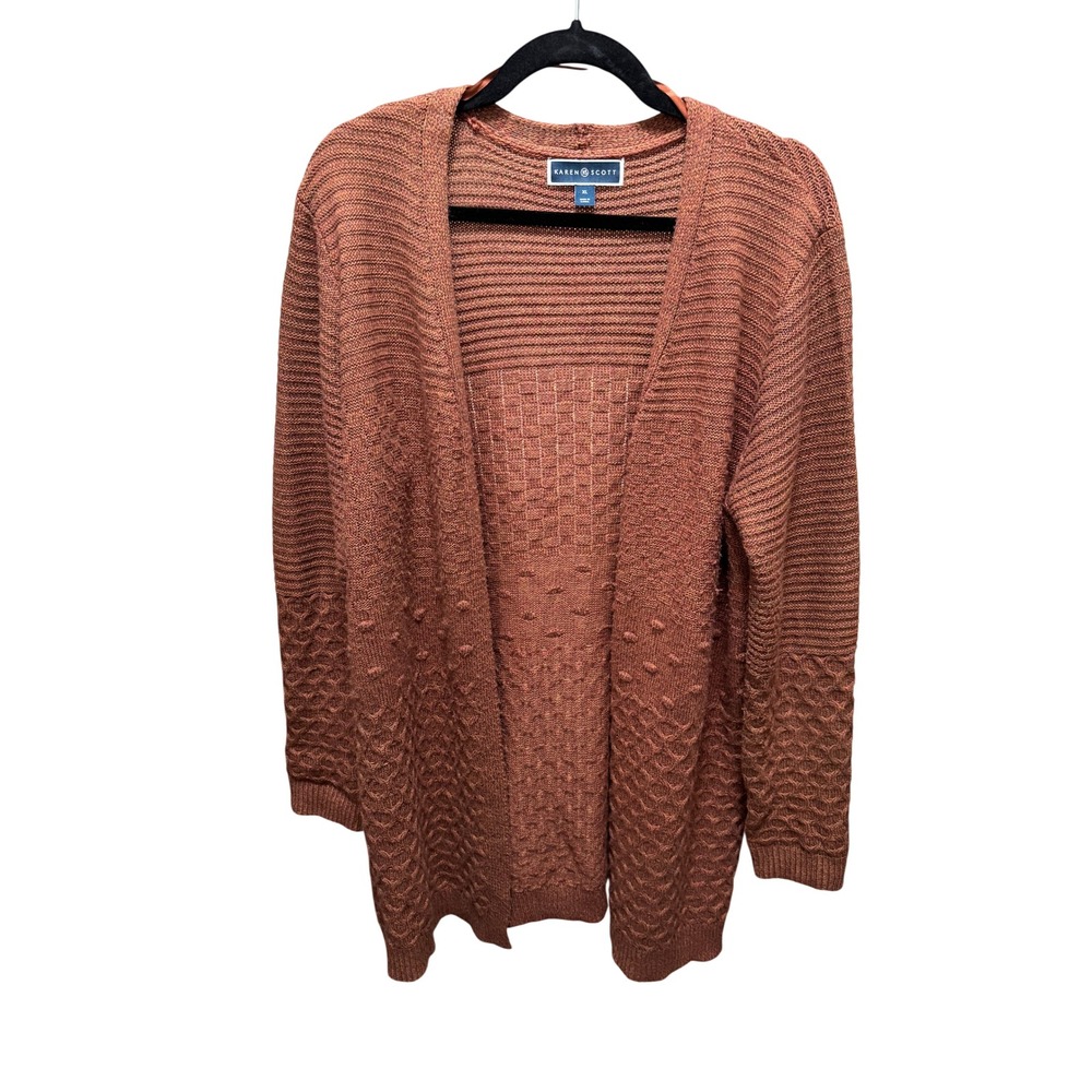 Karen Scott Cardigan Womens XL Rust Orange Open Front Textured Mixed Stitch Knit